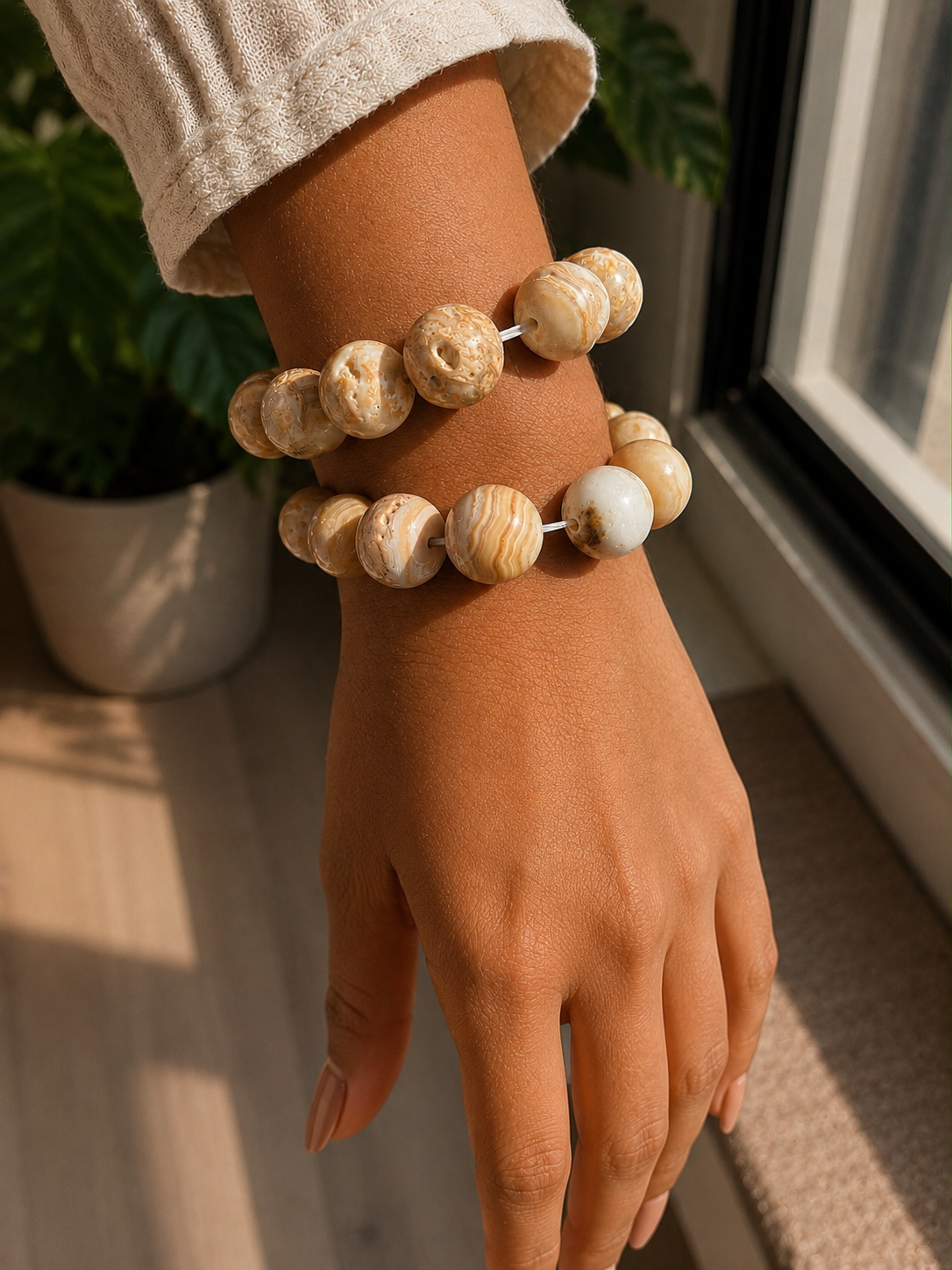 Handcrafted Natural Beige Onyx Bead Bracelet