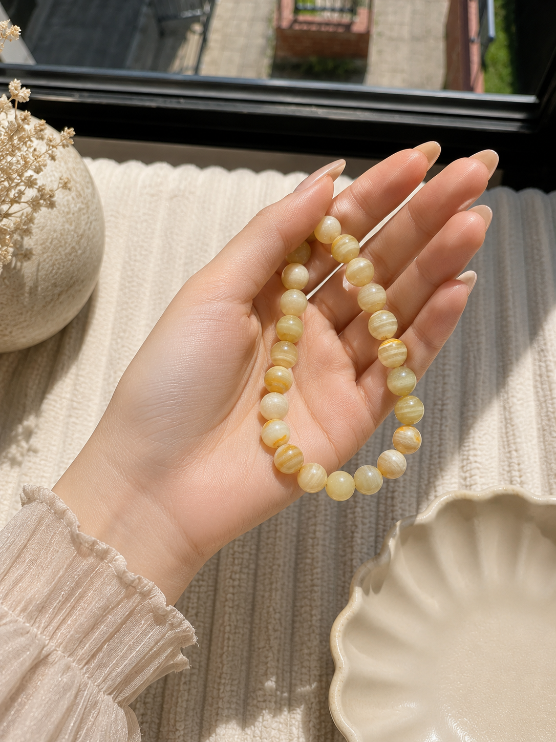 Handcrafted Natural Yellow Onyx Bead Bracelet
